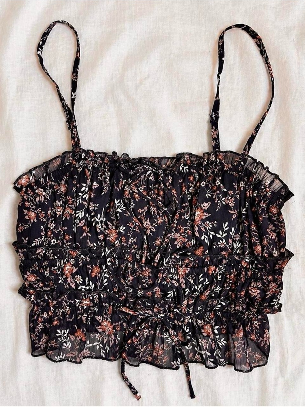 Thirty/Thirty Smocked Brown Floral Ruffle Cami Crop Top Boho Medium